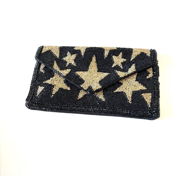 JANE MARIE Black Beaded Evening Clutch Bag with Gold Stars Design - Picture 1 of 8